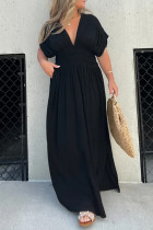 Daily Elegant Solid Color Pocket Slit V Neck Waist Skirt Dresses