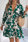 Casual Flowers Print Lace Up V Neck A Line Dresses
