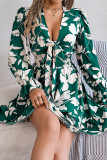 Casual Flowers Print Lace Up V Neck A Line Dresses