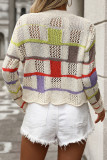 Casual Colorblock Hollow Out Weave O Neck Tops