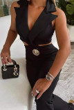 Casual Solid Color Hollow Out Metal Accessories Trim Turn-back Collar Regular Jumpsuits