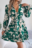 Casual Flowers Print Lace Up V Neck A Line Dresses