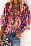 Casual Daily Striped Print Buttons Contrast V Neck Tops
