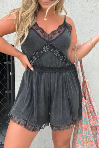 Sexy Solid Color Lace Pocket Adjustable V Neck Loose Rompers