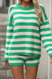 Casual Street Stripe Weave Contrast O Neck Long Sleeve Two Pieces