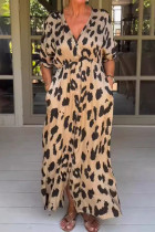 Casual Leopard Print Pocket Slit V Neck Printed Dresses