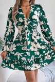 Casual Flowers Print Lace Up V Neck A Line Dresses