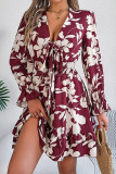 Casual Flowers Print Lace Up V Neck A Line Dresses