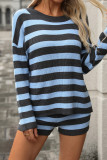 Casual Street Stripe Weave Contrast O Neck Long Sleeve Two Pieces