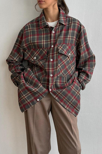 Casual Daily Plaid Pocket Buttons Contrast Turndown Collar Tops