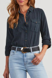 Casual Daily Solid Color Pocket Buttons Turndown Collar Tops
