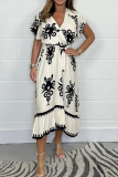 Casual Floral Print Lace Up V Neck A Line Dresses