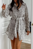 Casual Leopard Print Lace Up Turndown Collar Shirt Dresses