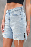 Casual Daily Solid Color Ripped Pocket Loose Denim Shorts