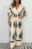 Casual Floral Print Patchwork V Neck Loose Jumpsuits