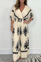 Casual Floral Print Patchwork V Neck Loose Jumpsuits
