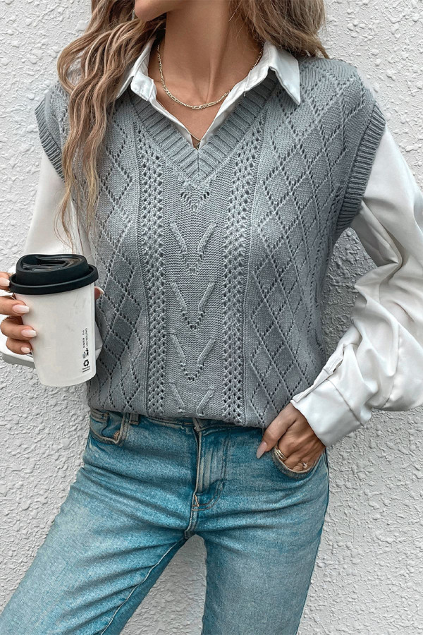 Casual Daily Solid Color Weave V Neck Tops