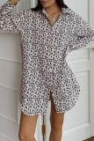 Casual Leopard Print Lace Up Turndown Collar Shirt Dresses
