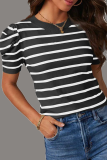 Casual Stripe Ruched Weave O Neck T-Shirts