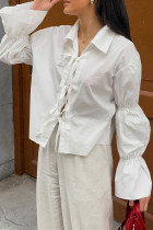 Casual Daily Solid Color Lace Up Turndown Collar Tops