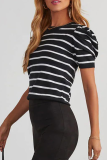 Casual Stripe Ruched Weave O Neck T-Shirts