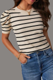 Casual Stripe Ruched Weave O Neck T-Shirts