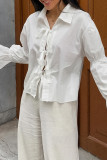 Casual Daily Solid Color Lace Up Turndown Collar Tops