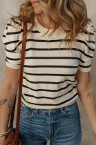 Casual Stripe Ruched Weave O Neck T-Shirts
