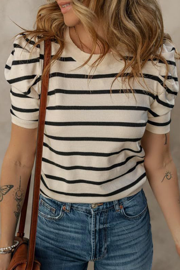 Casual Stripe Ruched Weave O Neck T-Shirts