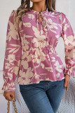 Casual Daily Flowers Print Lace Up Contrast V Neck Tops