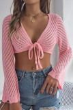 Sexy Vacation Solid Color Hollow Out Lace Up V Neck Outerwear