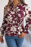 Casual Daily Flowers Print Lace Up Contrast V Neck Tops