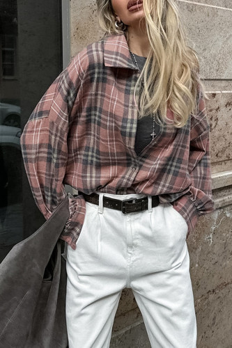 Casual Daily Plaid Buttons Contrast Turndown Collar Tops