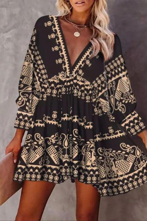 Casual Geometric Print Patchwork Contrast V Neck A Line Dresses