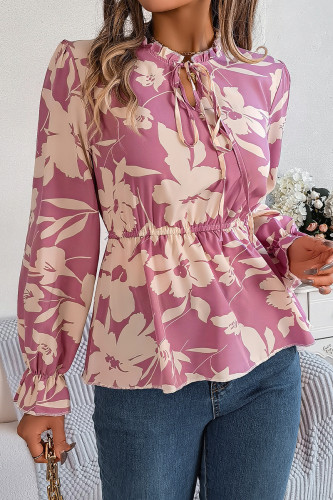 Casual Daily Flowers Print Lace Up Contrast V Neck Tops