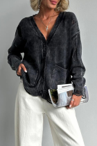 Casual Daily Solid Color Ripped Distressed Pocket Buttons V Neck Outerwear