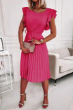 Elegant Solid Color Ruffle Pleated O Neck Pleated Dresses