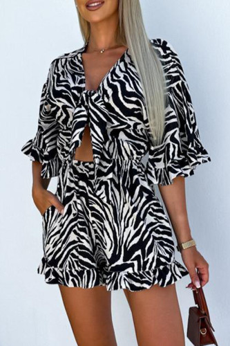 Casual Vacation Geometric Print Flowers Lace Up Ruffle Contrast V Neck Loose Rompers