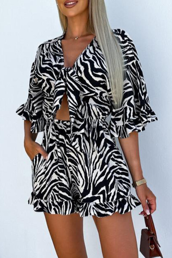 Casual Vacation Geometric Print Flowers Lace Up Ruffle Contrast V Neck Loose Rompers