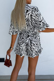 Casual Vacation Geometric Print Flowers Lace Up Ruffle Contrast V Neck Loose Rompers