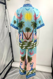 Casual Vacation Floral Print Patchwork Contrast Turndown Collar Short Sleeve Two Pieces
