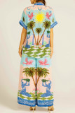 Casual Vacation Floral Print Patchwork Contrast Turndown Collar Short Sleeve Two Pieces