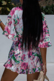 Casual Vacation Geometric Print Flowers Lace Up Ruffle Contrast V Neck Loose Rompers