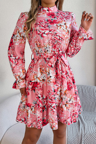 Elegant Floral Print Lace Up Half A Turtleneck A Line Dresses