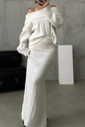 Sexy Solid Color Patchwork Potholes Off Shoulder Long Sleeve Two Pieces