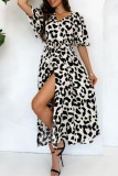 Elegant Leopard Print Slit V Neck A Line Short Sleeve Dress