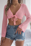 Sexy Vacation Solid Color Hollow Out Lace Up V Neck Outerwear