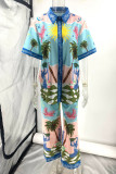 Casual Vacation Floral Print Patchwork Contrast Turndown Collar Short Sleeve Two Pieces