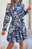Elegant Floral Print Lace Up Half A Turtleneck A Line Dresses