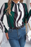 Casual Daily Geometric Print Lace Up Contrast Tie Neck Tops